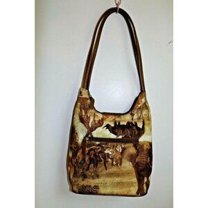 Safari print shoulder handbag zipper and snap closure compartments
